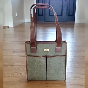 Etienne Aigner Preppy Canvas Cotton Faux Leather Tote Bag, Green/Brown, NEW!